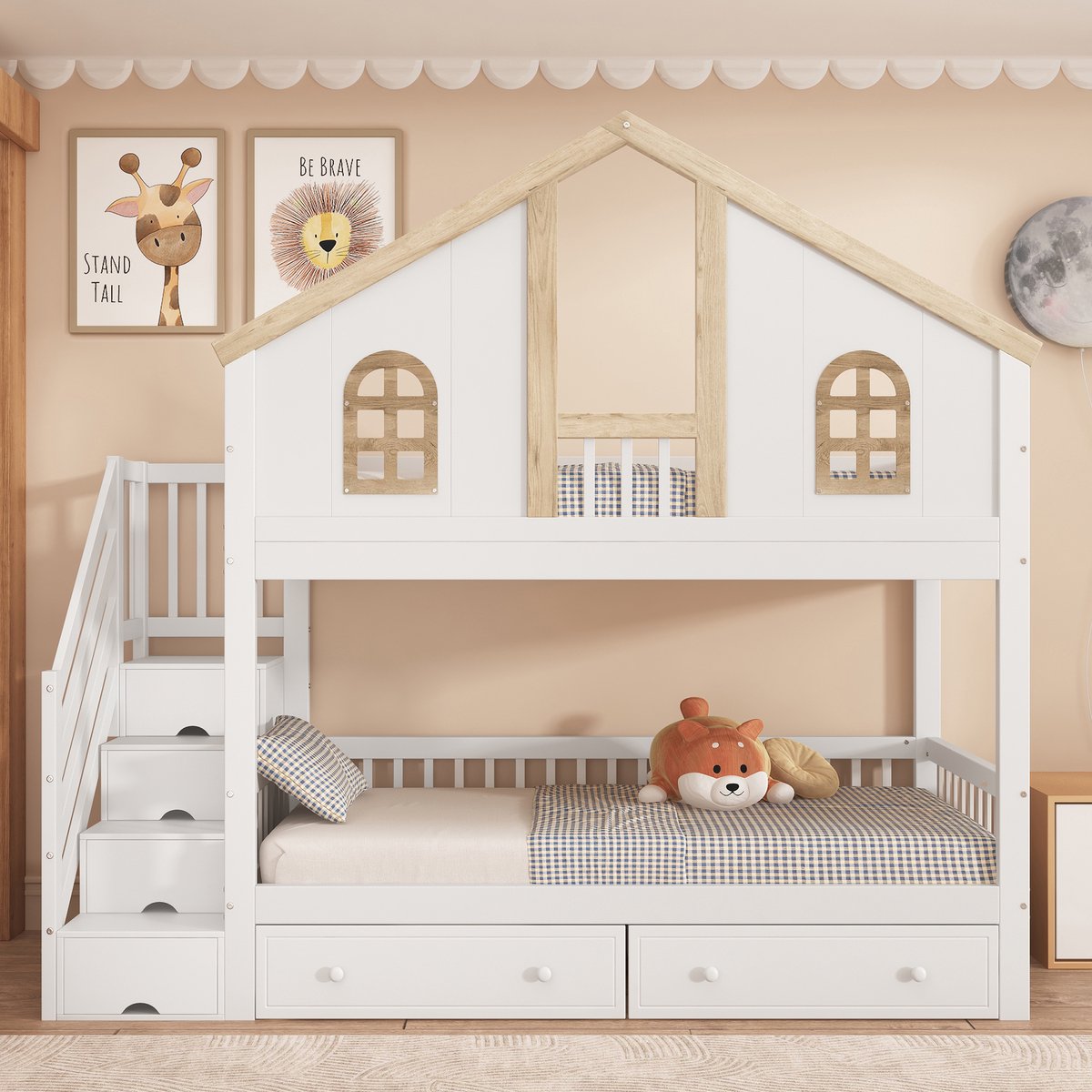 Merax Stapelbed - kinderbed -val rooster - met raam - twee lades op wielen - trap met 4 opbergvakken - wit - 90x200 cm - zonder matras