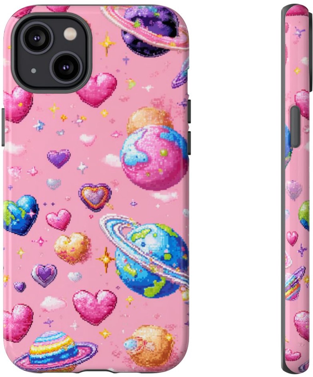 Pixel Art Harten en Planeten Patroon – Telefoonhoesje Geschikt voor iPhone 14 Plus