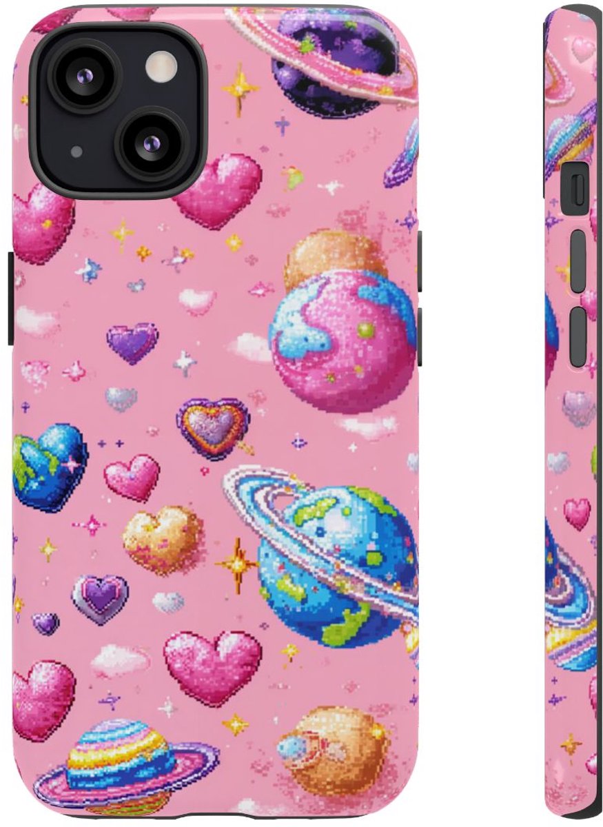 Pixel Art Harten en Planeten Patroon – Telefoonhoesje Geschikt voor iPhone 13