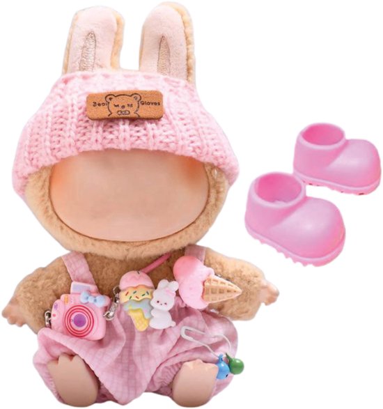 Vêtements ADEL pour Pop Labubu 17 cm – Comprend un chapeau, une barboteuse, un appareil photo et des Chaussures pour femmes – Vêtements de poupée mignons – Tenue complète avec Accessoires de vêtements pour bébé Rose