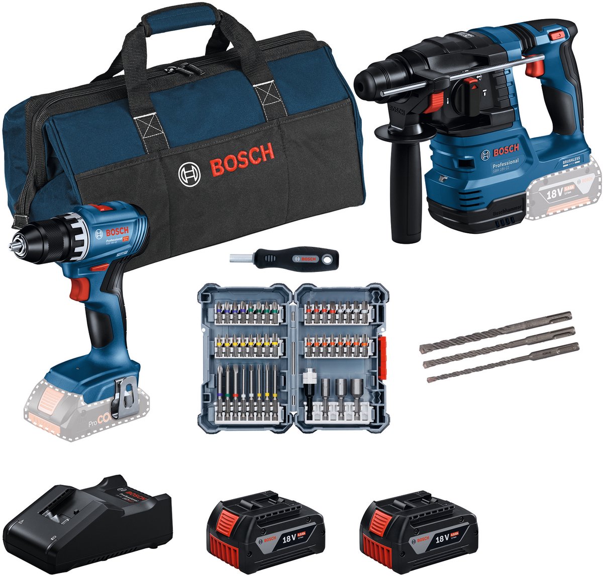 Bosch Professional 18V Toolkit - Combiset - GSR 18V-45 + GBH 18V-22 + 2x GBA 18V 4.0 Ah accu en GAL 18V-40 lader + 45-delige schroefbitset met schroevendraaier + 3-delige hamerborenset SDS-Plus-5