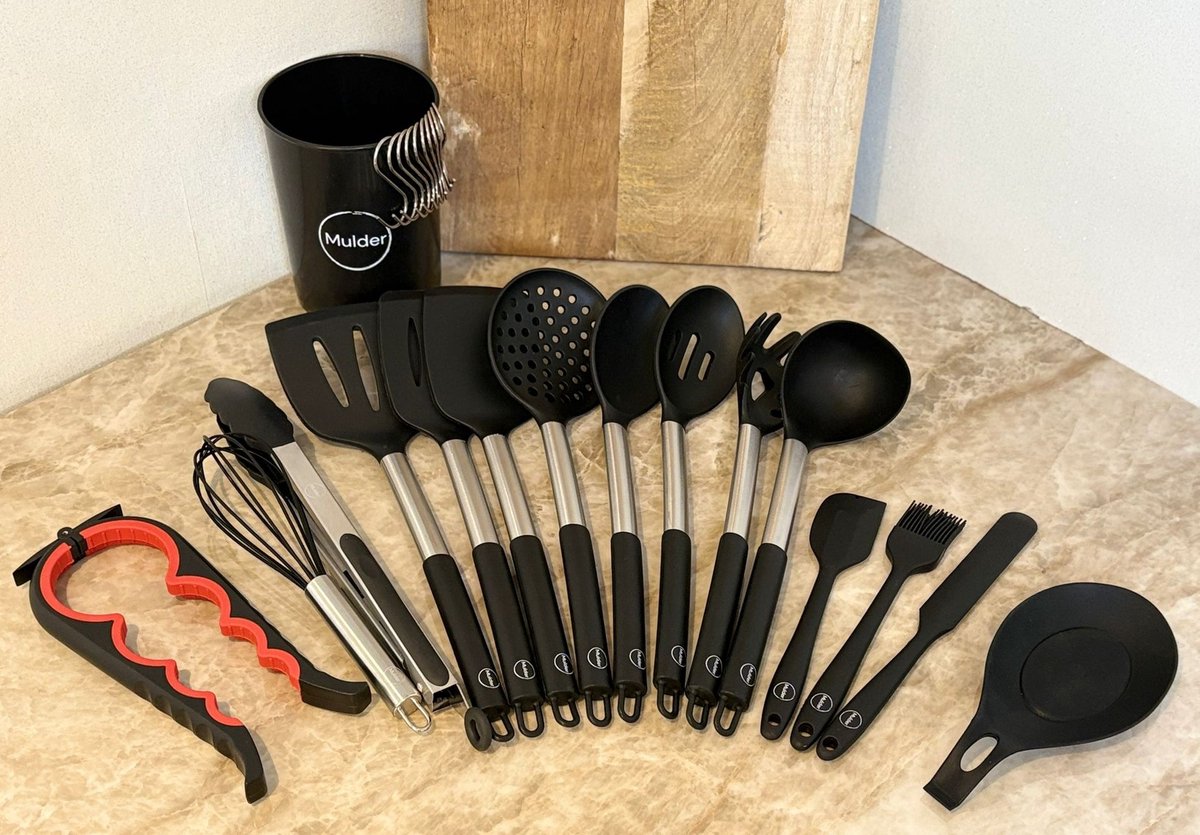 COOCK 26-Delige XL Keukengerei Set met Houder – Zwart | Hittebestendige Siliconen Tools & RVS Houder BPA-vrij, Vaatwasserbestendig, Non-Stick Veilig, Premium Kwaliteit voor Gezond & Stijlvol Koken
