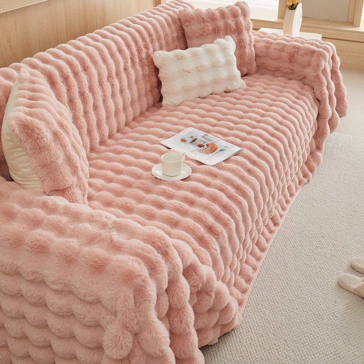 Qelus Bankhoes - 1-delige Pluizige Sofahoes – Zachte Konijnenbont Stijl – Dikke Bankhoes voor Stoelen, Banken of Bed – Warm Winterhoes voor Woonkamer & Slaapkamer (L180* B230cm) - Roze
