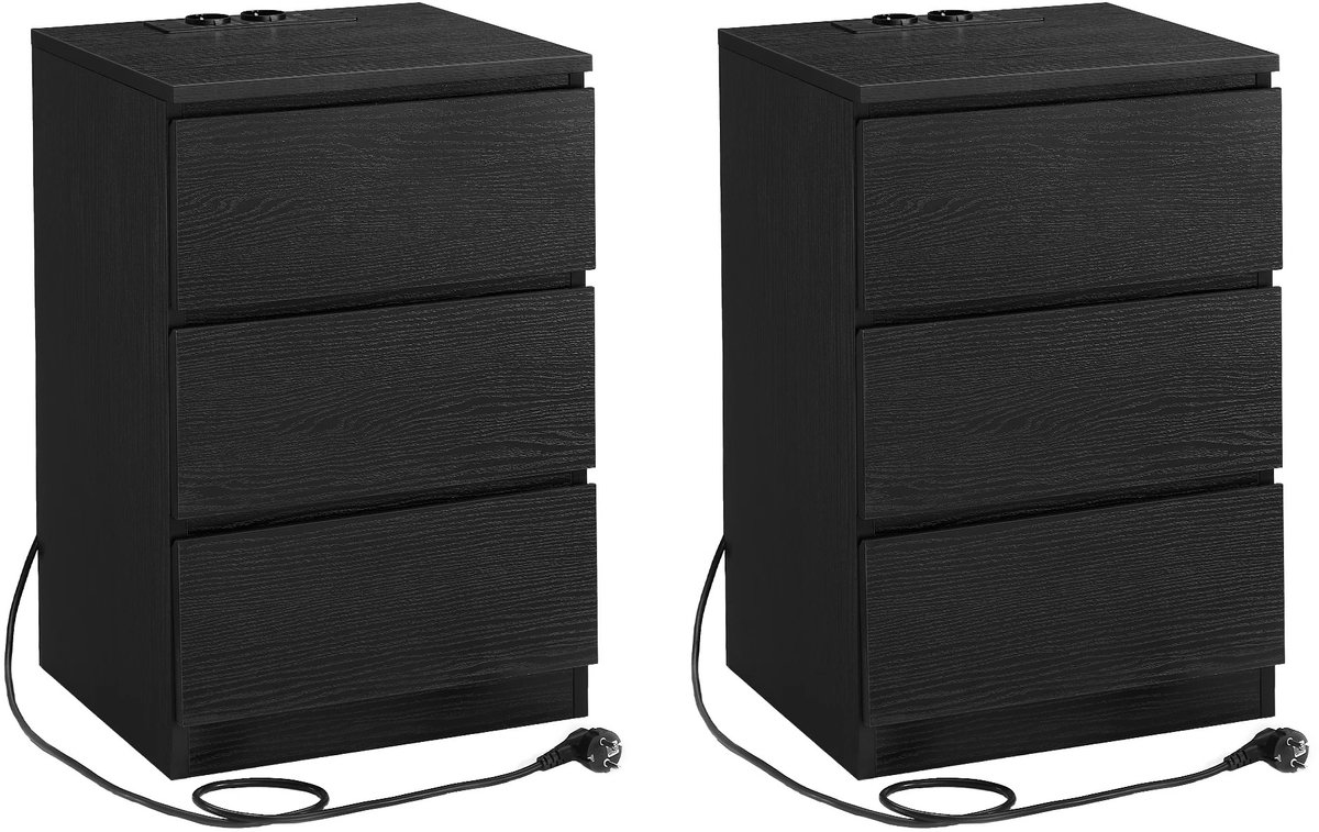 SureDeal® - Nachtkastje 2‑stuks – 3 Lades – 2 USB & 2 Stopcontacten – MDF Hout – Zwart – 35×40×59 cm (D×B×H) – Modern Design – Voor Slaapkamer – Met Laadstation