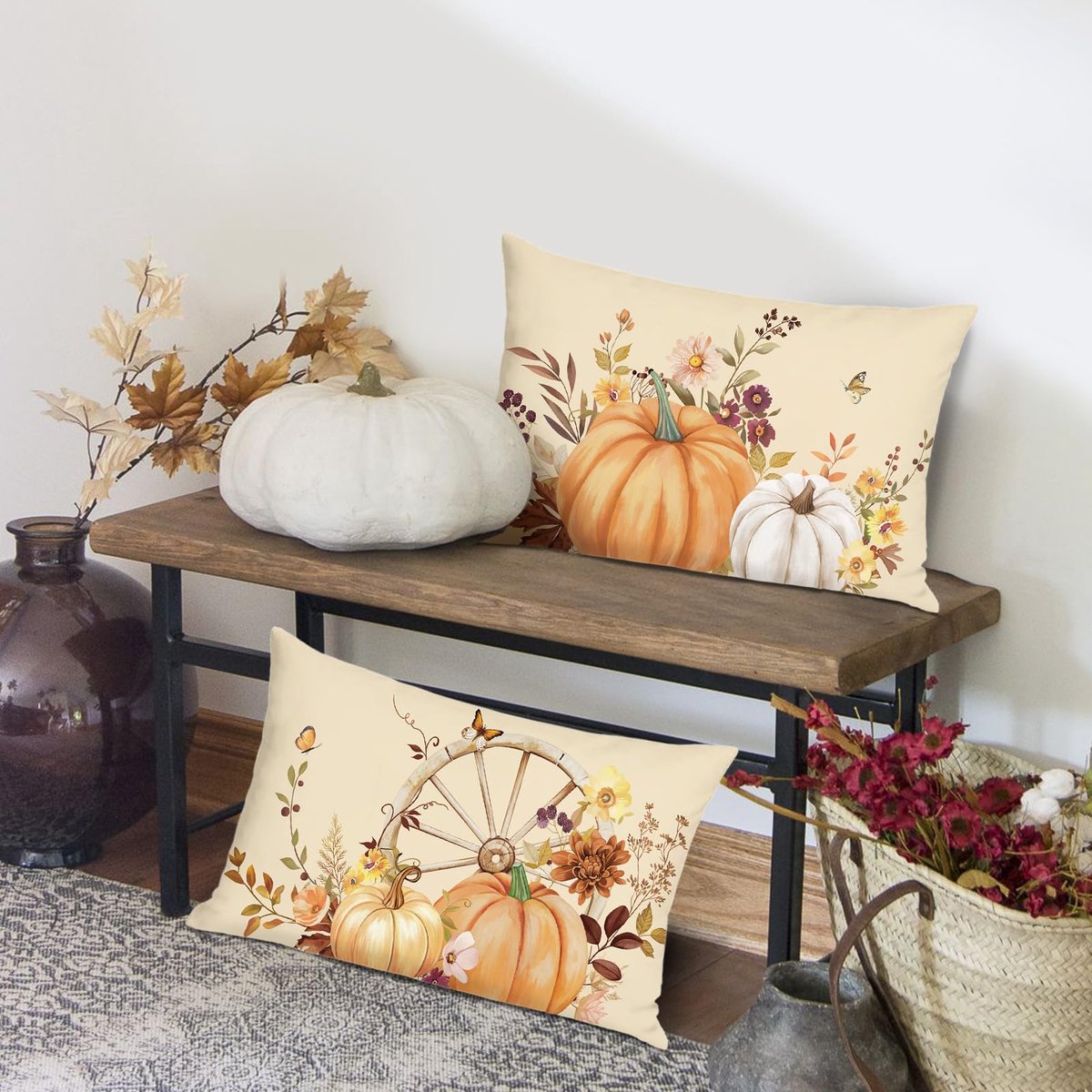 Ibenzoa Set van 2 Decoratieve Kussenhoezen voor Herfst met Pompoenen en Bloemenmotief beige