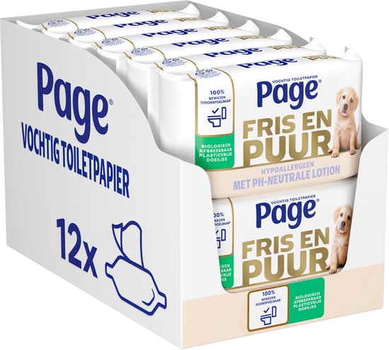 Page® vochtig toiletpapier - Fris en Puur (Puur) - Hypoallergeen - 456 velletjes - 12 x 38 stuks - Voordeelverpakking