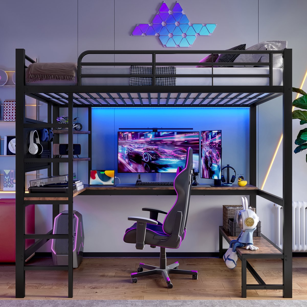 Merax Hoogslaper - 90 x 200 cm - bureau - reling - ladder - plank - met USB Type-C-aansluiting - met LED-verlichting - zonder matras - zwart