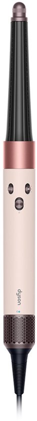 De Dyson Airwrap multistyler in Ceramic Pink/Rose Gold, met het slanke opzetstuk, op een witte achtergrond.