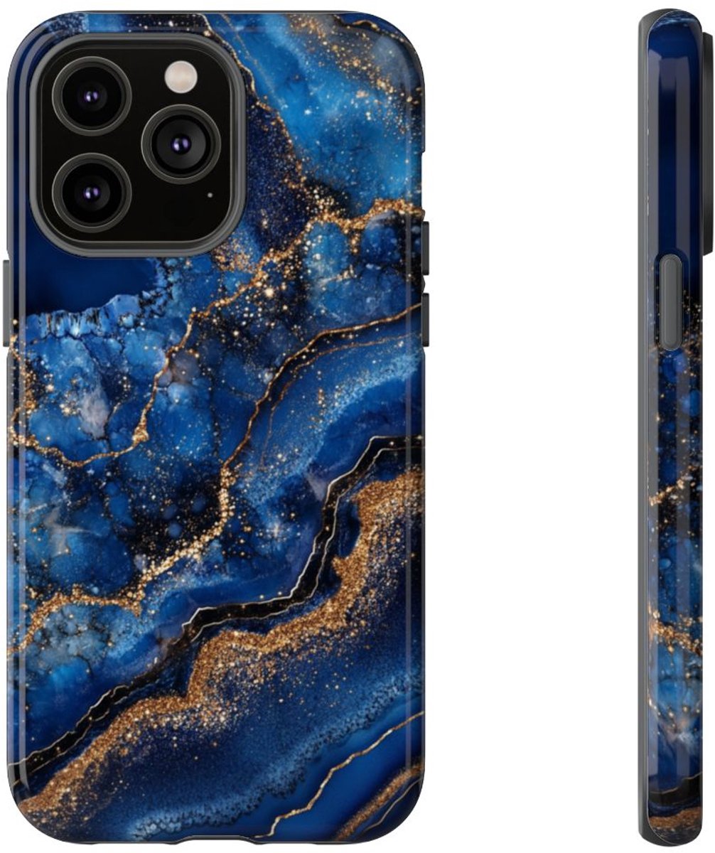 Blauw-Goud Geodepatroon – Telefoonhoesje Geschikt voor iPhone 14 Pro Max