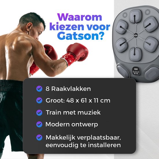 Man met bokshandschoenen die traint met een grijze boksmachine met 6 raakvlakken. De tekst "Waarom kiezen voor Gatson?" staat prominent.