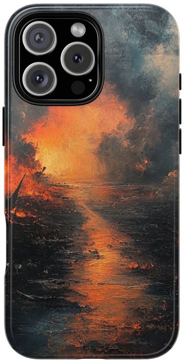 Vurige Oorlogslandschap met Rook – Telefoonhoesje Geschikt voor iPhone 16 Pro Max