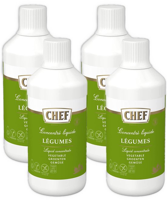 Vier witte flessen met
groene labels en "Chef Vloeibaar Concentraat Groenten"