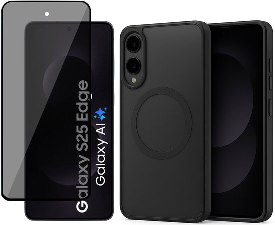 Hoesje + Privacy Screenprotector geschikt voor Samsung Galaxy S25 Edge Hoesje - Portemonnee Hoesje geschikt voor MagSafe - Magnetisch - Gehard Glas- Zwart
