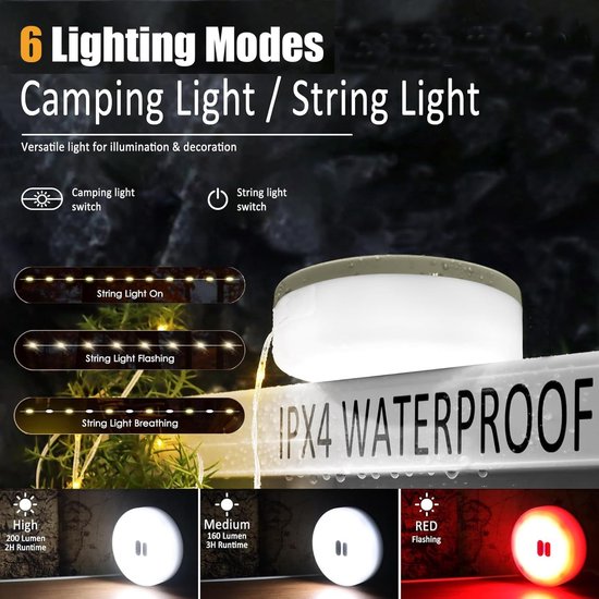 Camping Lamp - Camping Lichtsnoer 10 Meter - Oprolbaar - Kampeerlamp - Waterproof Ipx4 - Oplaadbaar - Tentlamp - Lichtsnoer - Lampjes - Lampenslinger - Campinglamp Oplaadbaar Met USB C van Camping — afbeelding 3