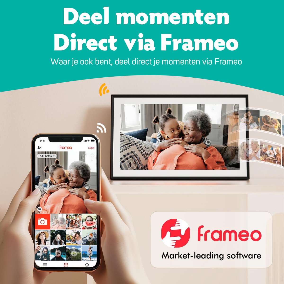 Pora&Co - Digitale fotolijst met WiFi en Frameo App - 15.6 inch - Pora – HD+ -IPS Display – Zwart hout - Micro SD – Touchscreen thumbnail 6