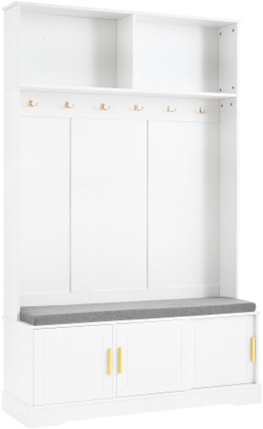 Witte kapstok met grijze zitbank, zes haken en drie gesloten opbergvakken.