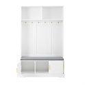 Witte kapstok met grijze zitbank, open deuren aan linker- en rechteronderkant, zes haken en bovenste planken.