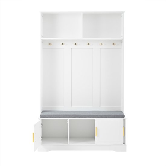 Witte kapstok met grijze zitbank, open deuren aan linker- en rechteronderkant, zes haken en bovenste planken.