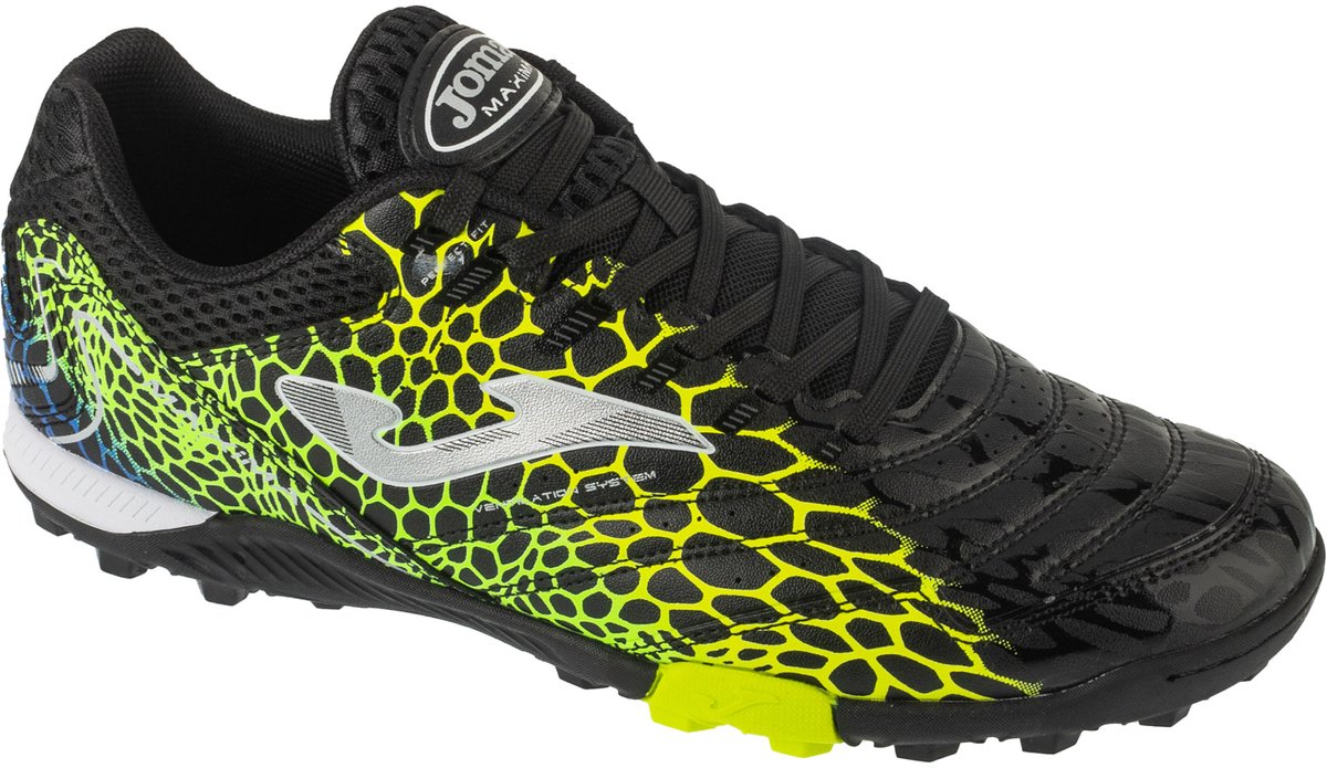 Zwarte Joma Maxima 25 MAXW TF voetbalschoenen voor mannen, maat 41, met synthetisch leren bovenwerk en opvallend design.