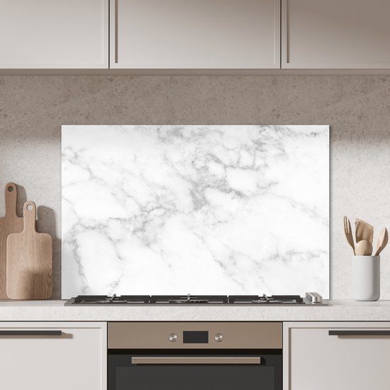 Spatscherm keuken 100x65 cm - Kookplaat achterwand Marmer - Wit - Grijs - Luxe - Marmerlook - Steen - Muurbeschermer - Spatwand fornuis - Hoogwaardig aluminium