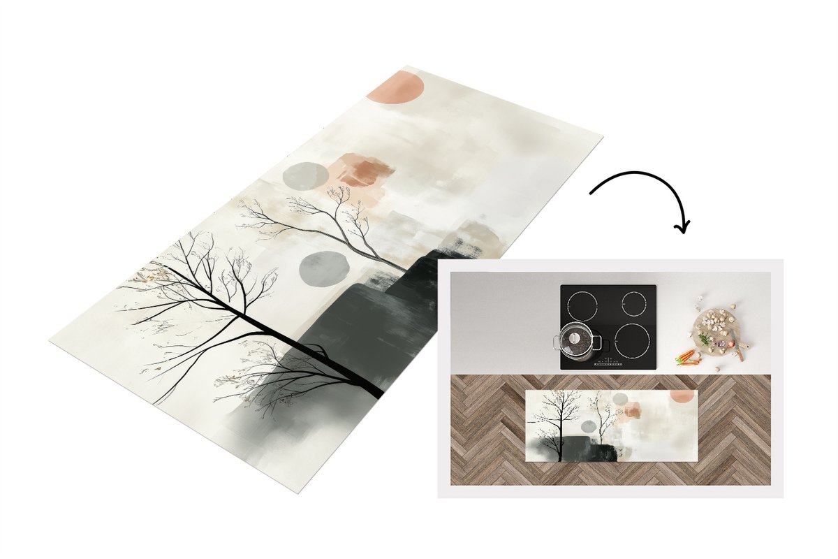 KitchenYeah Keukenloper 120x50 cm - Keukenmat vinyl Wabi sabi - Beige - Plant - Keukenmatten loper - Keuken vloerkleed tapijt Japandi - Natuur
