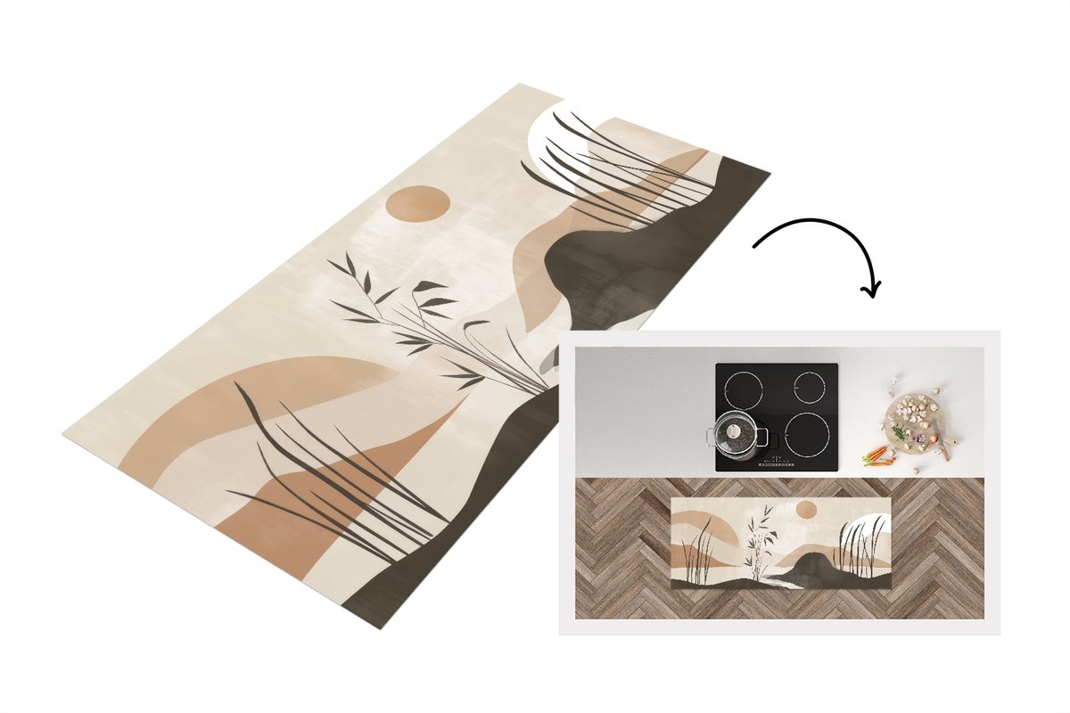 KitchenYeah Keukenloper 120x50 cm - Keukenmat vinyl Japandi - Landschap - Beige - Keukenmatten loper - Keuken vloerkleed tapijt Natuur