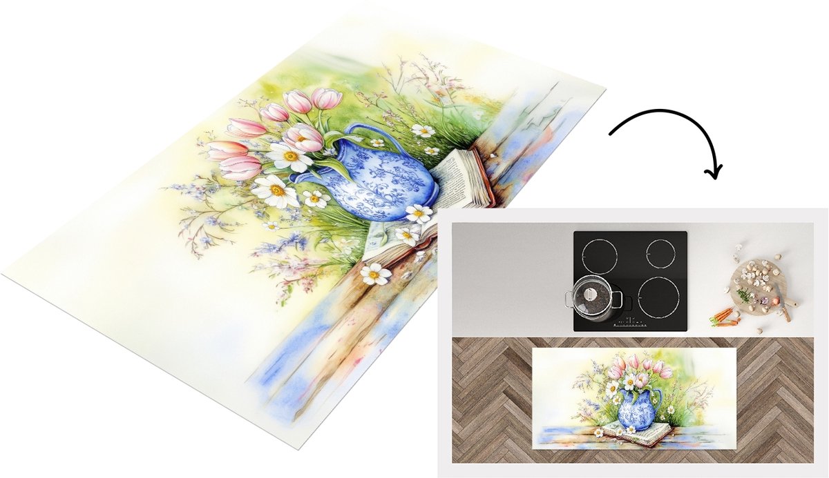 KitchenYeah Keukenloper 120x60 cm - Keukenmat vinyl Vaas - Delftsblauw - Madeliefjes - Keukenmatten loper - Keuken vloerkleed tapijt
