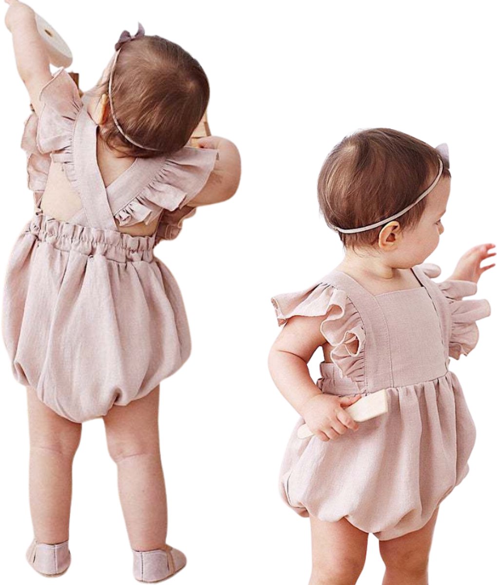 Joya Kids® Linnen Baby Boxpakje met Ruffles | Romper Meisje Zomer Outfit | Verjaardag / Fotoshoot | Maten 56 t/m 90 | 0 tot 24 Maanden | Baby en Peuter Luchtig Pakje | Oudroze | Maat 56