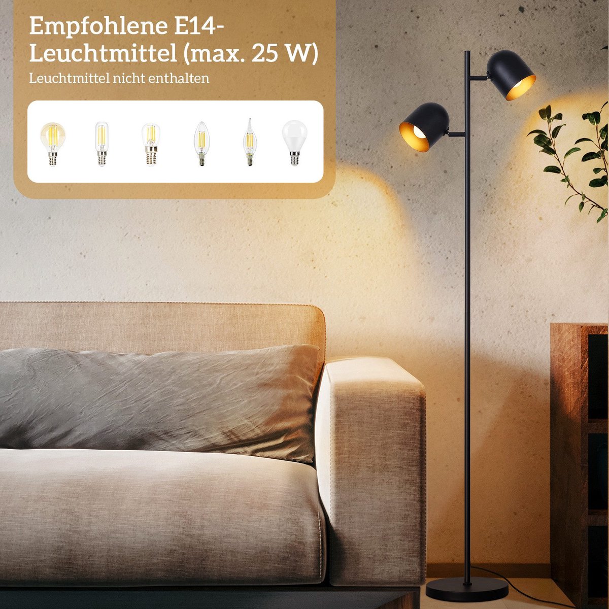 NETTLIFE Vloerlamp E14 - 2-lichts, zwart/goud, draaibaar thumbnail 3