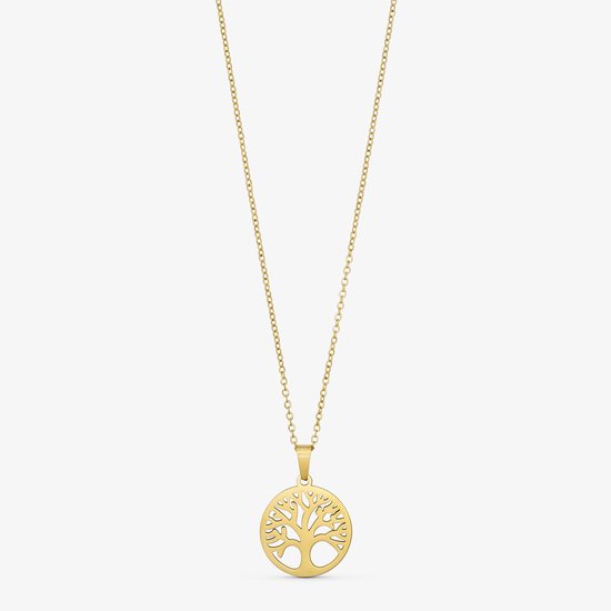 Chaîne dorée avec pendentif arbre de vie, isolée sur fond blanc.