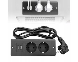 4-in-1-stopcontact - Zwart - 2 stopcontacten, 2 USB A-poorten - 1,5 m kabel - Duurzaam en met meerdere beschermingen - Verborgen montageontwerp voor thuiskantoren, restaurants en hotels