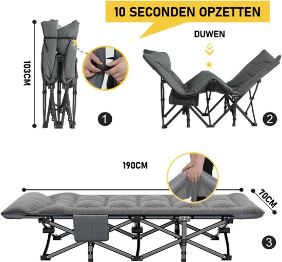 Lit de camping extensible 190x70x40 cm | Lit pliant jusqu'à 150 kg | Avec Matras intégré et poches latérales | Lit de camp stable avec sac de transport | Lit d'invité