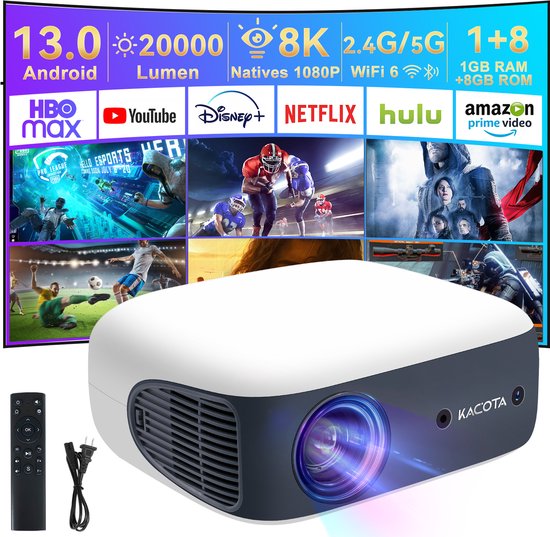 DOPWII Draagbare 1080P Projector met Android 13, 23 W Snelkeystone & Autofocus – 500 ANSI lumen – Netflix/YouTube/ChatGPT ondersteund