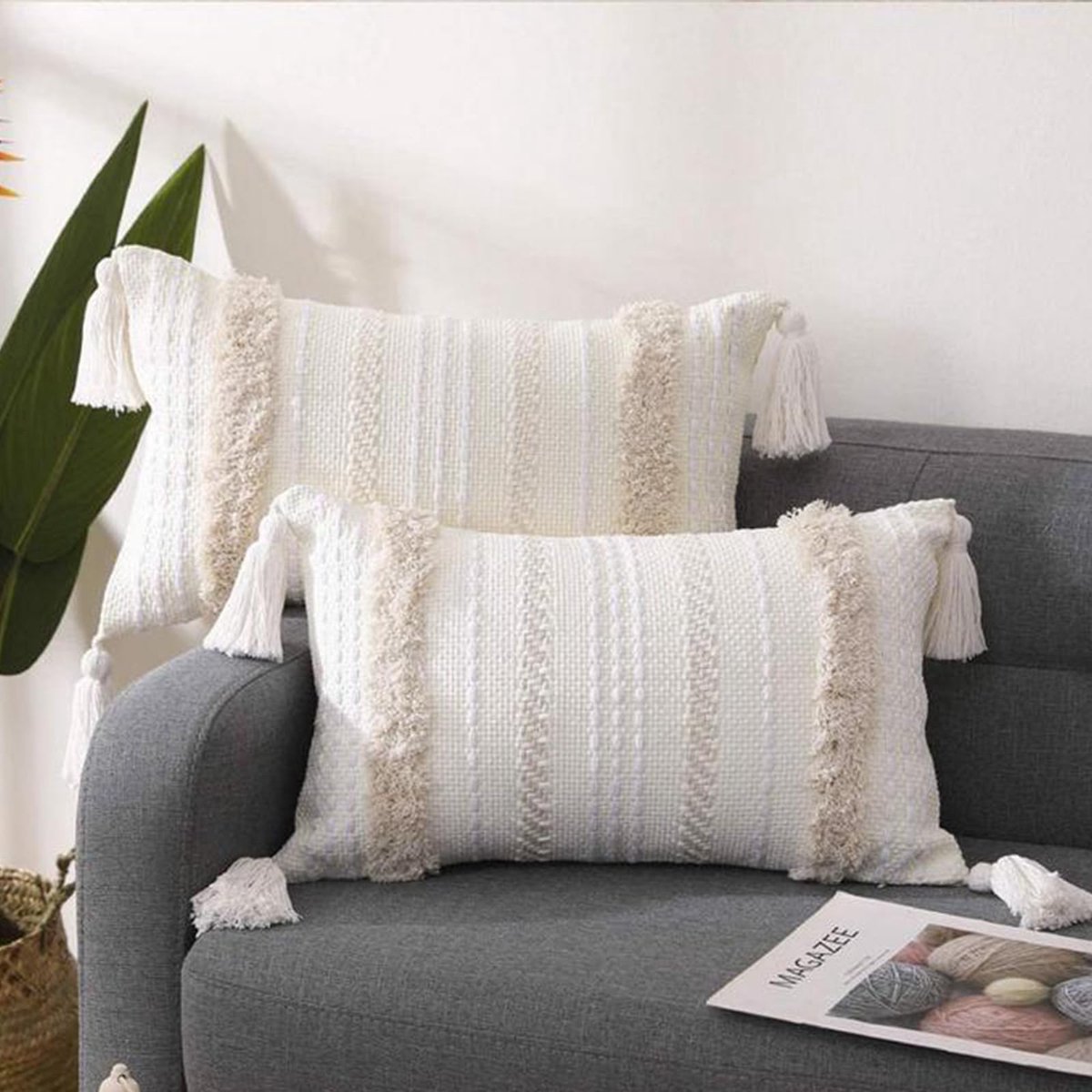 Ibenzoa® Set van 2 Boho Stijl Kussenhoezen in Beige met Decoratieve Kwastjes voor Bank of Bed