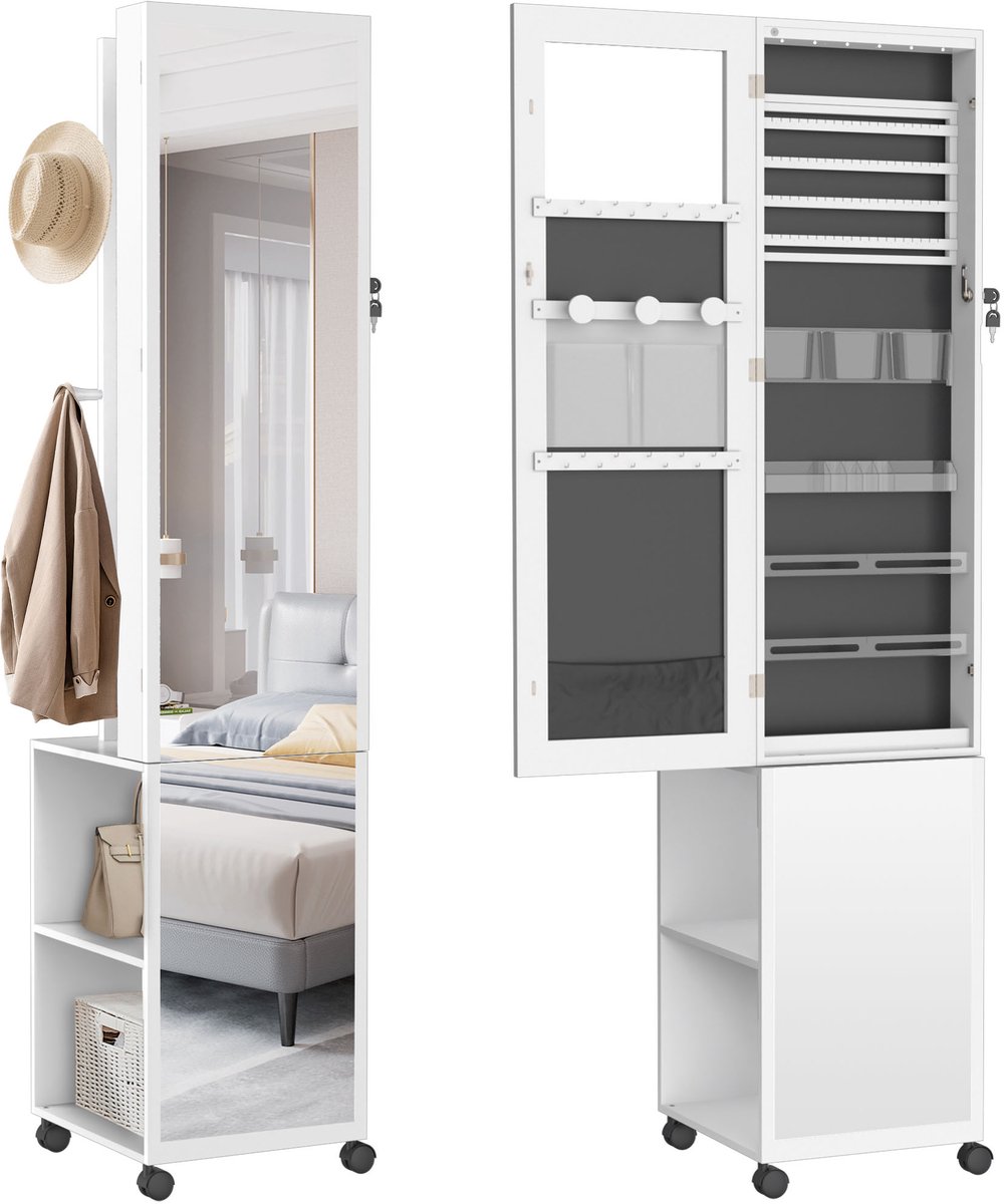 Hangende Make-Upkast, Afsluitbare 2-in-1 Wandspiegel En Sieradenorganizer, Make-Upspiegel, Kaptafel (Met Wielen, Wit)