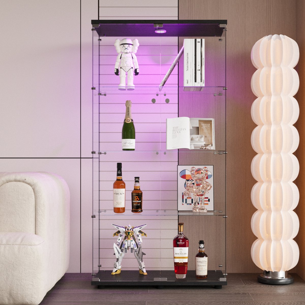 Glazen vitrinekast met LED, moderne vitrinekast met 2 deuren en 4 legborden van ESG-glas, verzamelvitrine voor de bar, de woonkamer, 164 x 80 x 36 cm, zwart