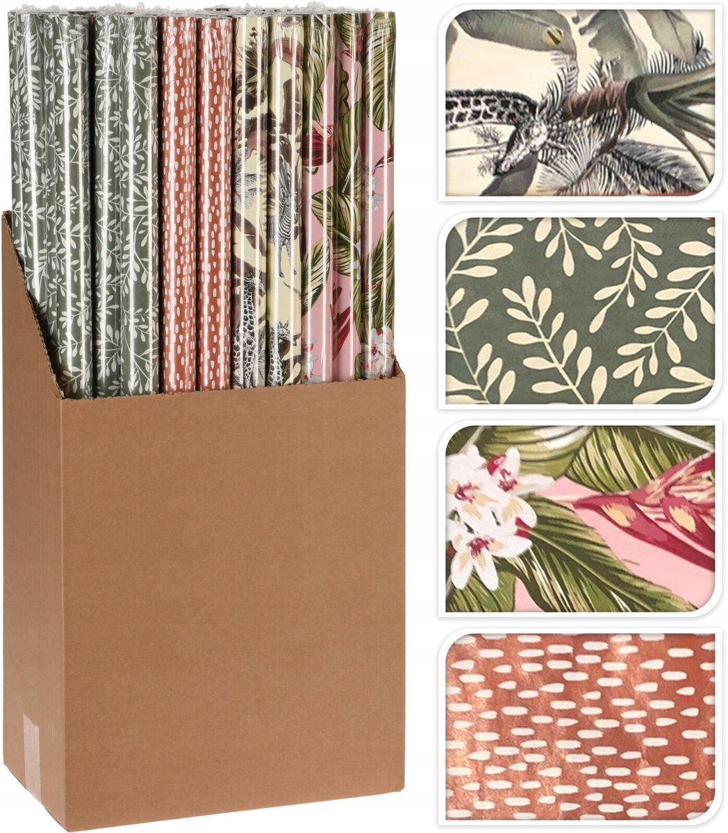 Koopman - Cadeaupapier - 200cm x 70cm - Meerkleurig - Cheetah,Kwiaty,Bladeren,Giraffe