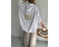 Evil Eye Blouse - 100% katoen - Bekend van Tik Tok - Oversized Boho Blouse - Dames mode - Boho Chic - Mode zomer - Wit - One Size