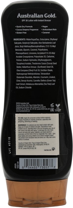 Achterkant van Australian Gold Instant Bronzer SPF 30 lotion met ingrediënten en gebruiksaanwijzingen.