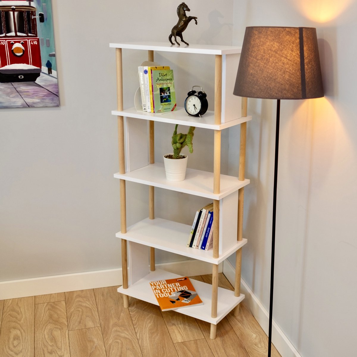 City of Wood Moderne houten boekenkast met vijf planken – Perfect voor de woonkamer of kantoor - Wit