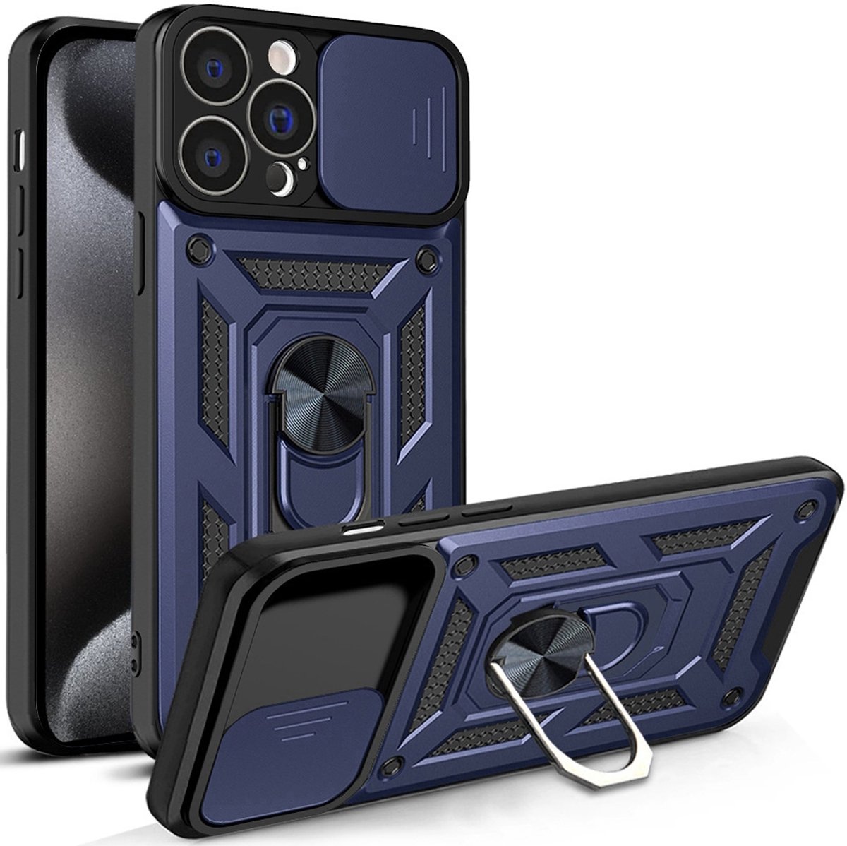 Hoesje geschikt voor iPhone 15 Pro met Ringhouder en Camera schuifje – Blauw