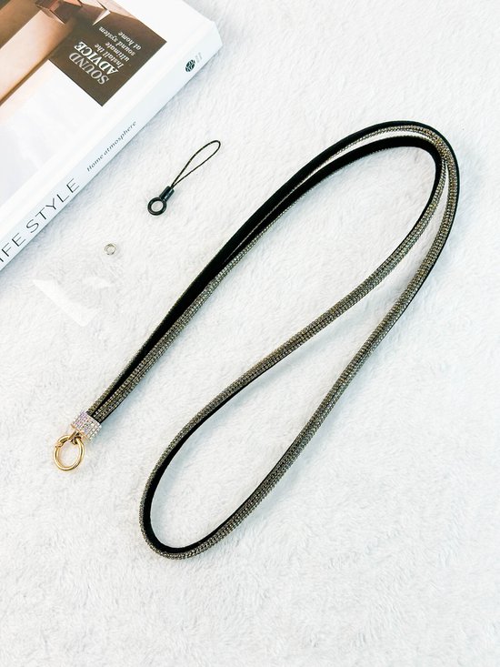 Ntech Phone Cord Crystal Zwart - Chaîne de téléphone réglable 1,2 m - Cordon universel adapté pour Samsung, iPhone, Moto, LG, Xiaomi, Phone