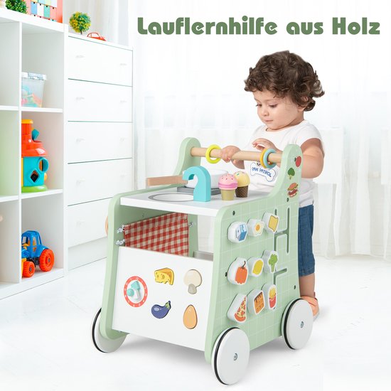 COSTWAY 6-in-1 loophulp van hout, loopwagen met speelkeuken, leerklok, vormaanpassing en beweegbare schuiver, educatief speelgoed, activiteitencentrum met wielen, voor kinderen vanaf 1 jaar — afbeelding 2