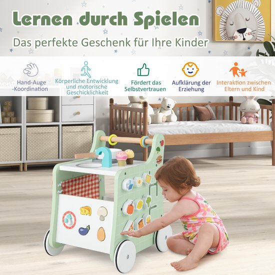 COSTWAY 6-in-1 loophulp van hout, loopwagen met speelkeuken, leerklok, vormaanpassing en beweegbare schuiver, educatief speelgoed, activiteitencentrum met wielen, voor kinderen vanaf 1 jaar — afbeelding 5