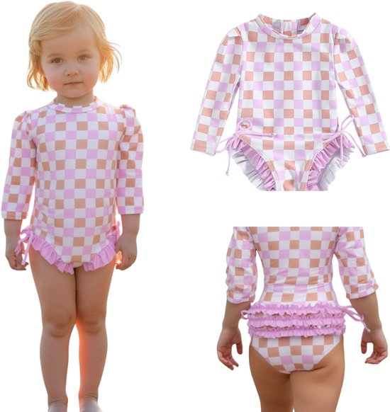 Joya Kids® Badpak Lange Mouw Lila, Roze en Wit Geblokt met Ruches en Strikjes Meisjes | Zwempak met ruches UV Badpak Lila en Roze | Zwempak Lange Mouw UV Bescherming Blokjes | Meisje Bikini Zomer | Kinderbadpak Peuter | Maat 0-3 Maanden