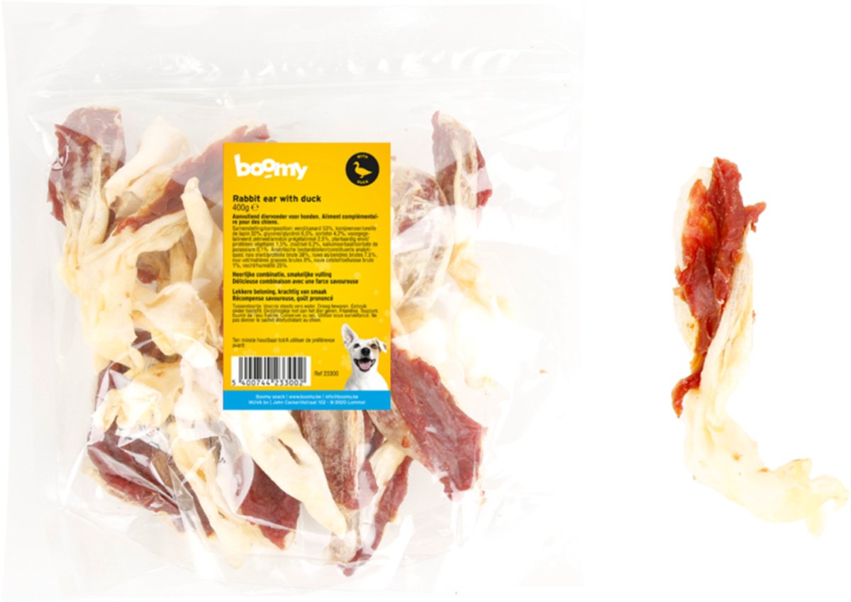 Boomy - Konijnenoren met eend – Hypoallergene hondensnacks – Gedroogde hondensnoepjes met hoog vleesgehalte – 400g