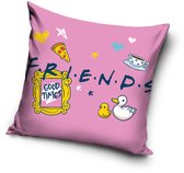 Roze kussen met Friends logo, een stuk pizza, een kopje koffie en een badeendje.