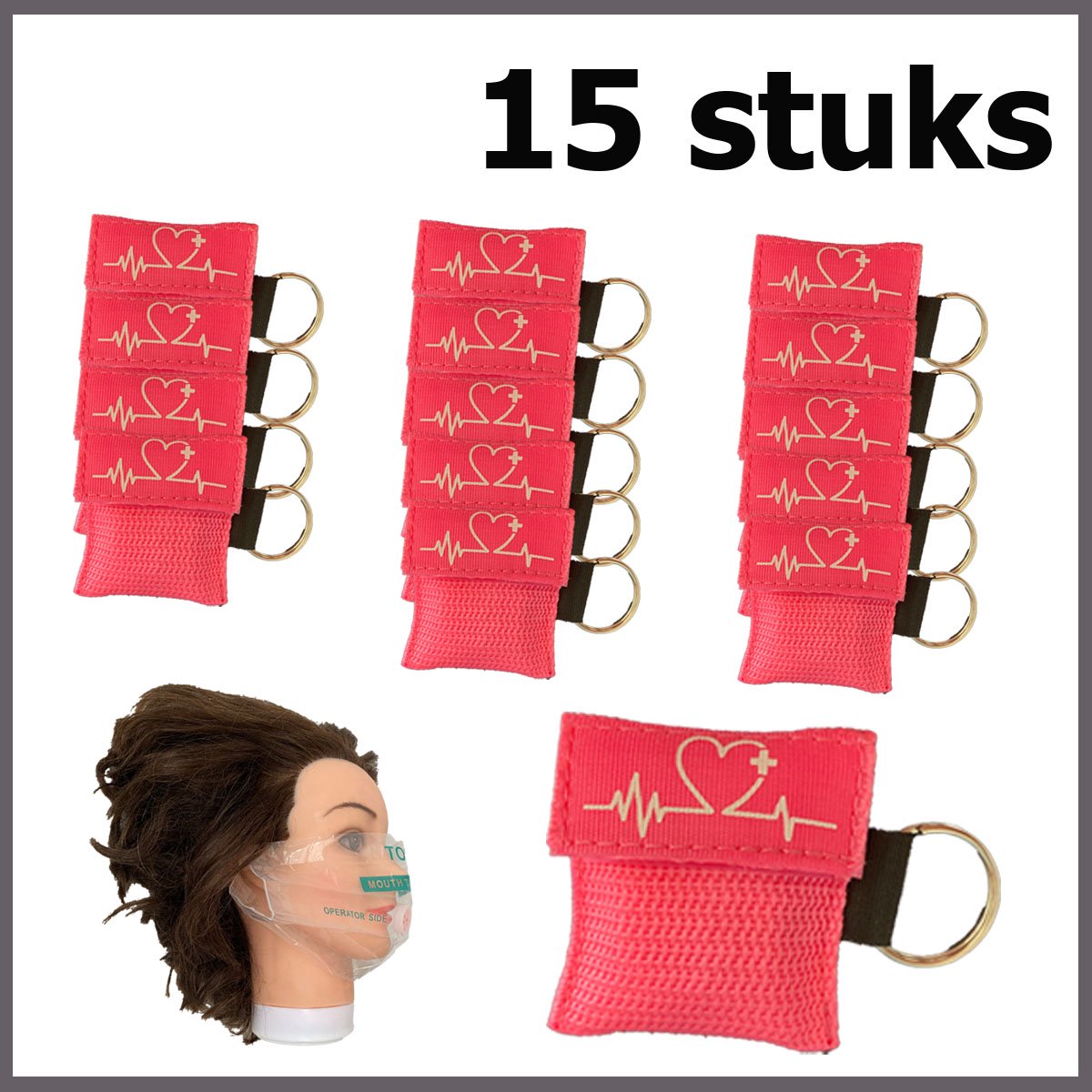 Roze Kiss of Life Sleutelhanger – 15x Reanimatiemasker met Ventiel | EHBO Sleutelhouder | Mond-op-mond Kapje | Beademingsmasker voor Eerste Hulp