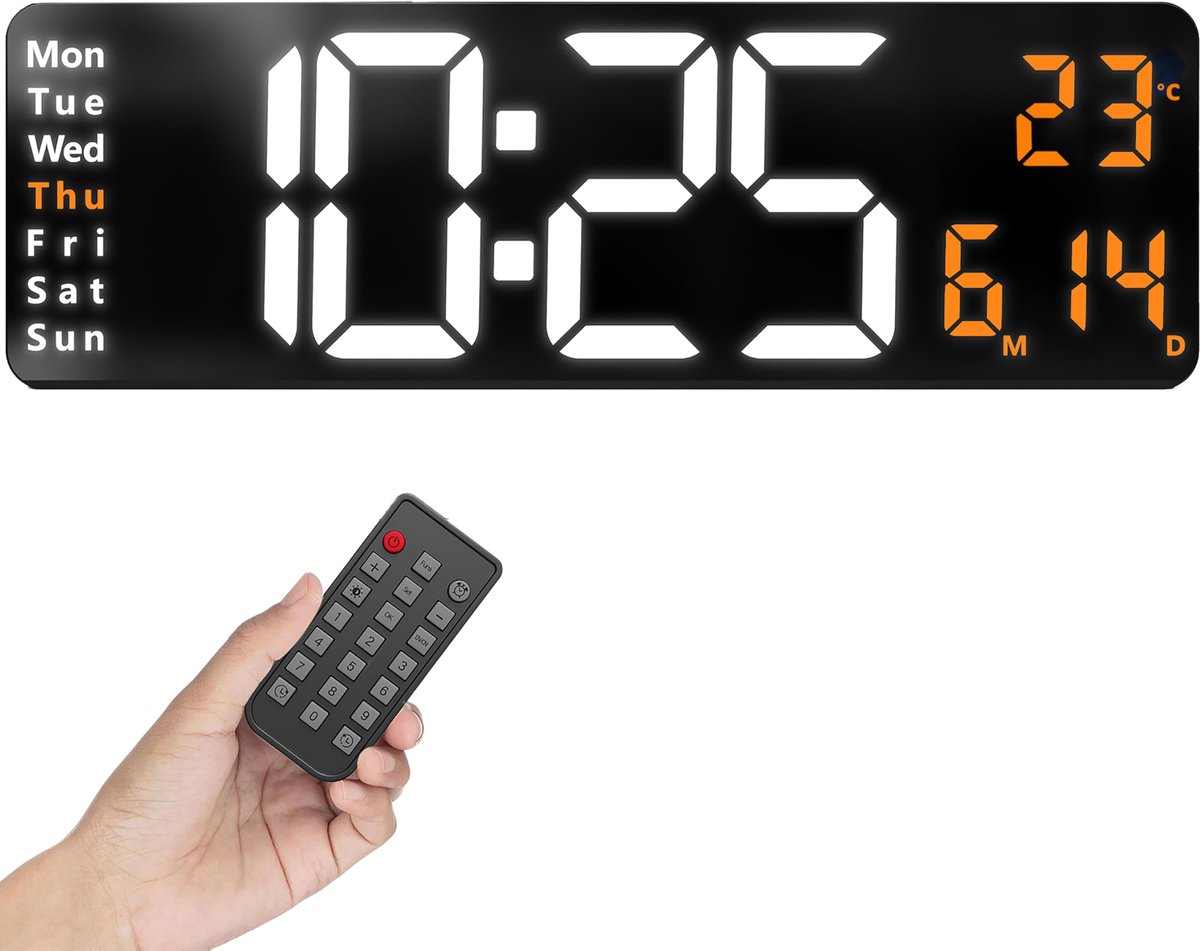 Omschrijving Klok 1 XXL Wit/Oranje: Digitale wandklok met temperatuurweergave, de grote lichtgevende LED-digitale klok zonder tikkend geluid