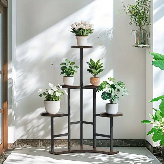 Metalen Plantenstandaard Binnen Buiten, Hoge Plantenplank voor Meerdere Planten, Groot Plantenrek Houten Plantenhouder Plantenplanken Voor Kamer Hoek Balkon Tuin Patio, 3-Tier Vloerstaand (S
